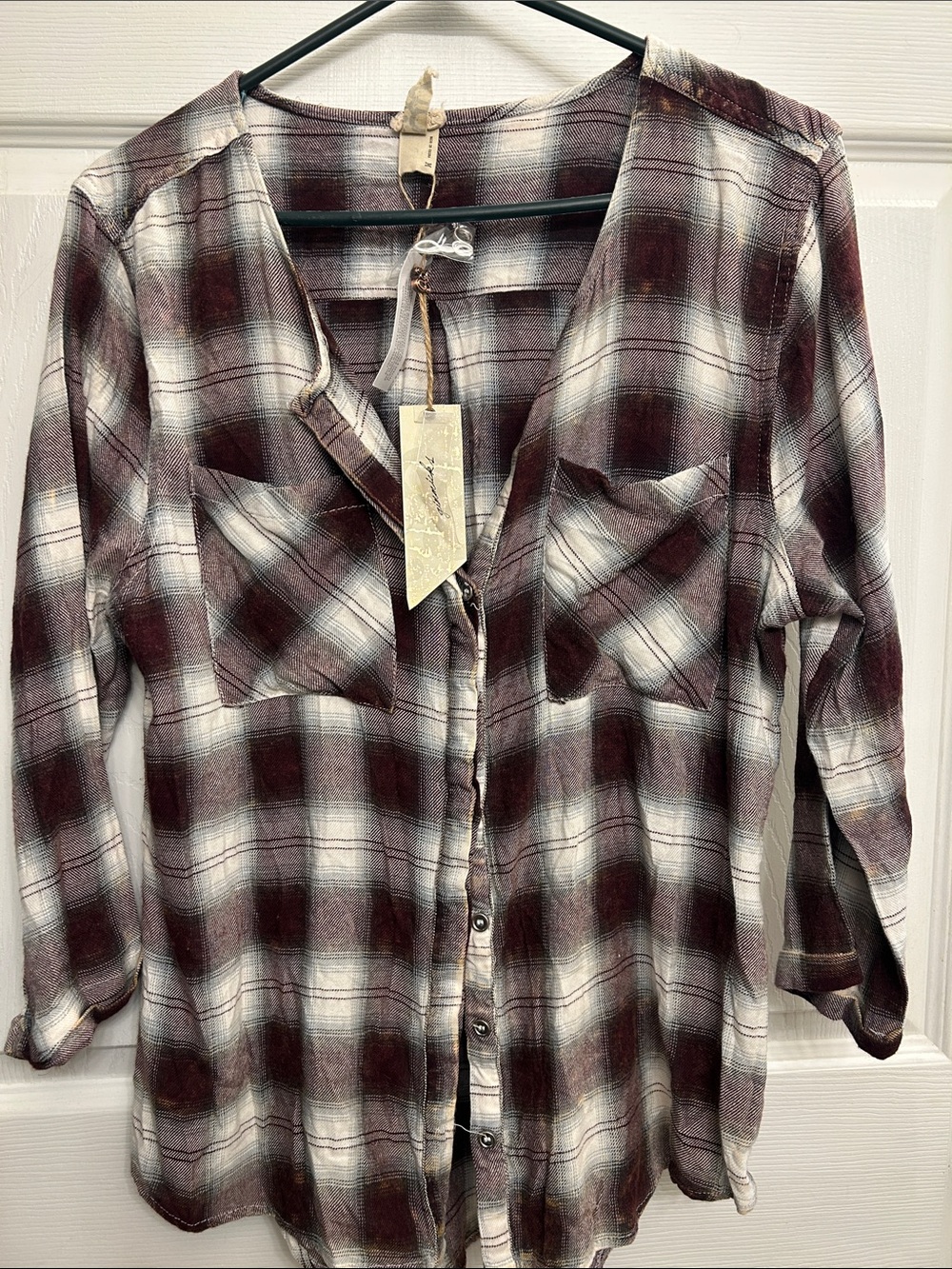 Buckle Plaid Button-Front Shirt - Burgundy and Ivory